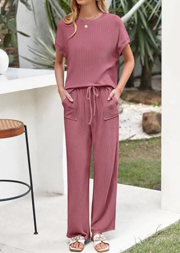 KIRUNDO 2 Piece Sets for Women Dressy Casual Ribbed Knit Short Sleeve Tops Wide Leg Pants Lounge Set Travel Airport Outfits(Purple Red, Small) - Thumbnail 5
