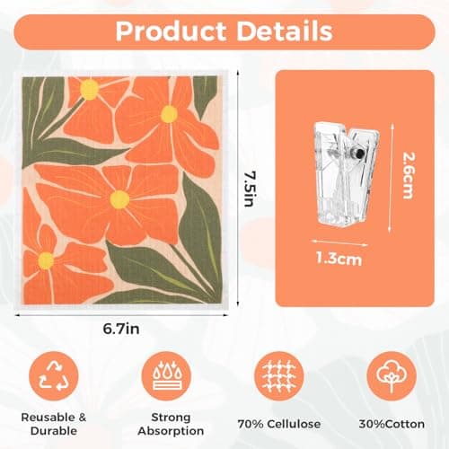 6 Pack Swedish Dishcloths for Kitchen,Abstract Floral Swedish Rags Dish Towels with Clips, Reusable Paper Towels Washable Absorbent Cellulose Sponge Cloths No Odor for Cleaning Home Sink Kitchen - Thumbnail 2
