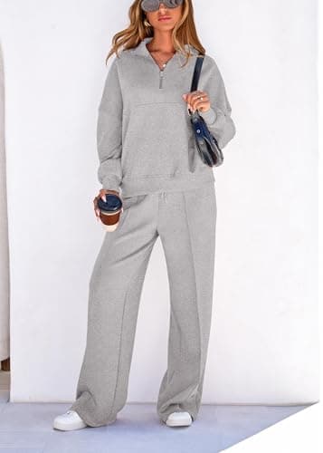 Lazysmile 2 Piece Sets For Women Lapel Half Zip Sweatshirt and Wide Leg Long Pants Sweatsuit Lounge Sets Workout Sets - Thumbnail 3
