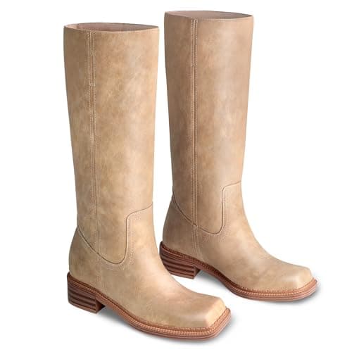 LeunDen Beige Banana Knee-High Boots for Women, Tall Riding Boots with Square Toe Low Chunky Heel Faux Leather Pull-On Campus Long Boots Size 7.5 - Thumbnail 5