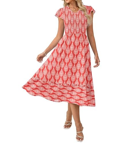GRACE KARIN Casual Summer Dress for Women 2026 V-Neck Short Sleeve Smocked Midi Dress Red Floral M - Image 1