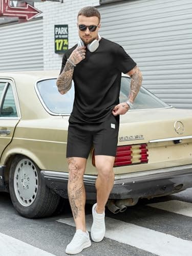JEMLDL Men's 2 Piece Outfit Summer Sets Comfortable Home Short Sleeve Shirt & Shorts Casual Clothing Fashion Set Black L - Thumbnail 4