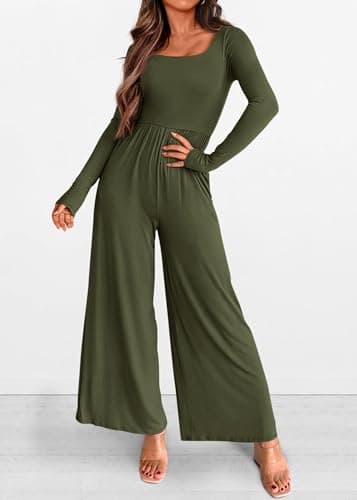 KIRUNDO Long Sleeve Jumpsuit for Women 2026 Spring Outfits Summer One Piece Square Neck Wide Leg Pants Romper With Pockets(Army Green, X-Small) - Thumbnail 5