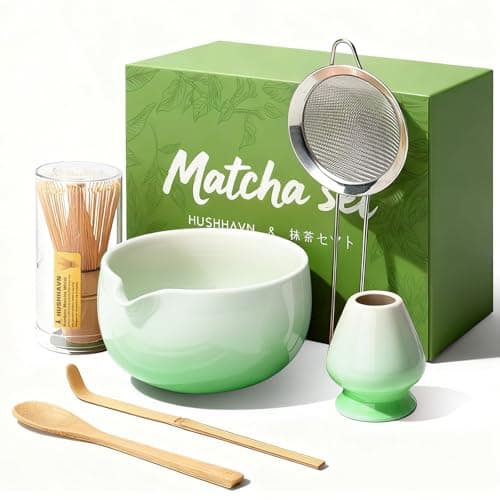 HUSHHAVN Matcha Whisk Set, Ceramic Matcha Set Includes Bowl & Holder, Bamboo Whisk (Chasen), Scoop, Spoon and Sifter, 6PCS Matcha Kit Covers Everything Needed for Making Matcha (Green) - Image 1