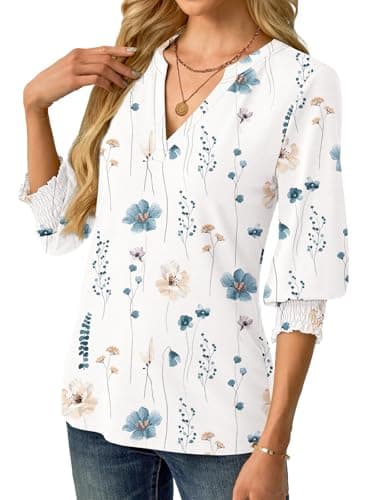 GKBK Womens 3/4 Sleeve Shirts V Neck Dressy Casual Spring Summer Blouses with Smocked Cuffs White Floral - Thumbnail 2