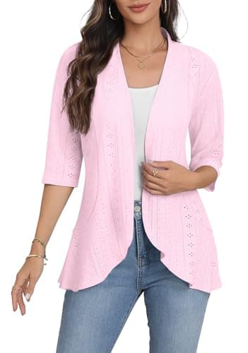 Askyes Lightweight Summer Cardigan for Lady Spring Netted Knit Ruffle Half Sleeve Kimono Cover Ups Cardigans,Pink White,L - Image 1