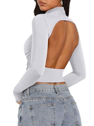 PINKMSTYLE Turtleneck Long Sleeve Backless Top Womens Ruched Double Lined Tops Sexy Outfit for Going Out White Large - Thumbnail 4