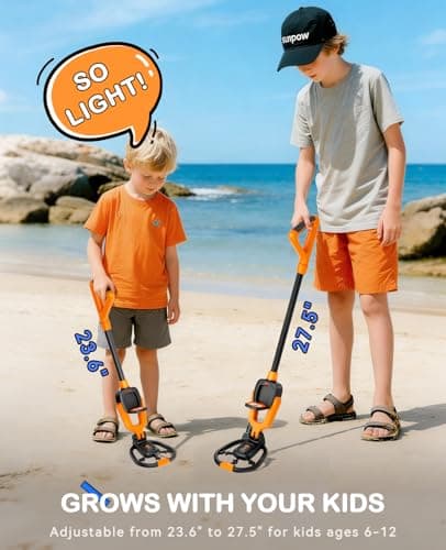 SUNPOW Kids Metal Detector with Treasure Animation & Waterproof Coil - Adjustable Stem (23.6”-27.6”) - Kit Includes Shovel, Rake, Bag - Ideal Gift for Boys & Girls 6-12 for Beach, Park, Backyard -MD20 - Thumbnail 5