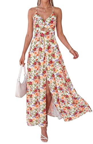 BTFBM Summer Dresses for Women 2026 Spring Floral Spaghetti Strap Smocked Cutout Maxi Dress Resort Beach Vacation Outfit(Floral White Multi, XX-Large) - Image 1
