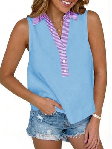 Tankaneo Womens V Neck Cropped Tank Tops Summer Dressy Casual Loose Fit Sleeveless Shirts Button Up Color Block Tees Light Blue - Image 1