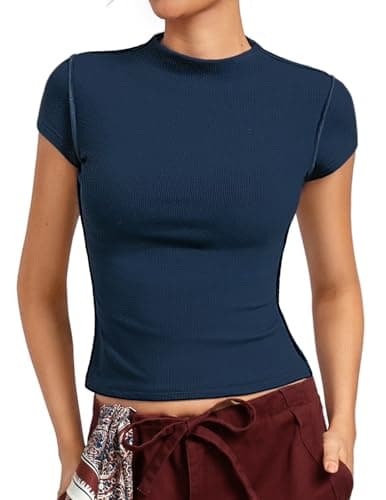 Womens Cap Sleeve Tops, Mock Neck Raw Hem Summer Shirts, Ribbed Y2K Going Out Crop Top, Trendy Fitted Tshirts(Navy, XL) - Image 1