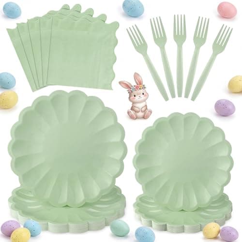 96 Pcs Sage Green Paper Plates and Napkins Party Supplies Serve 24 Guests Include Scalloped Dinner Plate 9.5", Dessert Plate 7.5", Napkins Plastic Forks for Baby Bridal Shower Wedding Birthday - Image 1