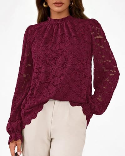 KIRUNDO Blouses for Women Dressy Casual Lace Long Sleeve Tops Mock Neck Ruffle Hem Shirts Fall Fashion Clothes(Burgundy, Large) - Thumbnail 4