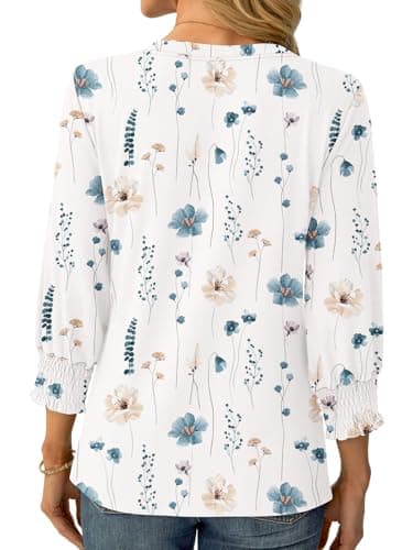 GKBK Womens 3/4 Sleeve Shirts V Neck Dressy Casual Spring Summer Blouses with Smocked Cuffs White Floral - Thumbnail 3