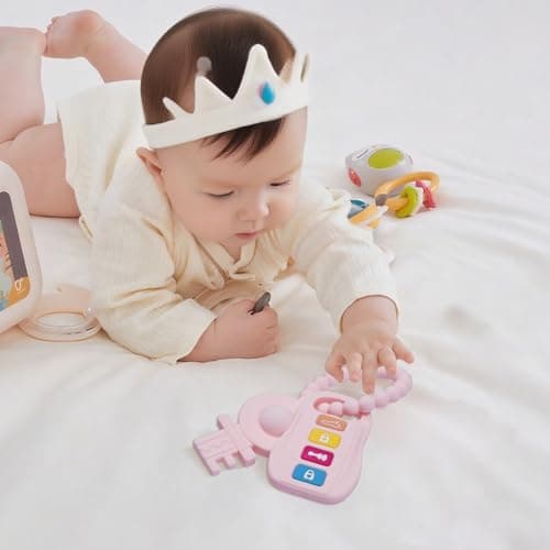 Silicone Baby Ring Toy with Two Teethers,Must Haves Teething Relief Chew Toys for 0-6,6-12 Months Boys and Girls,Newborns Essentials,Safe and Soft,BPA Free. (Keys) - Thumbnail 6