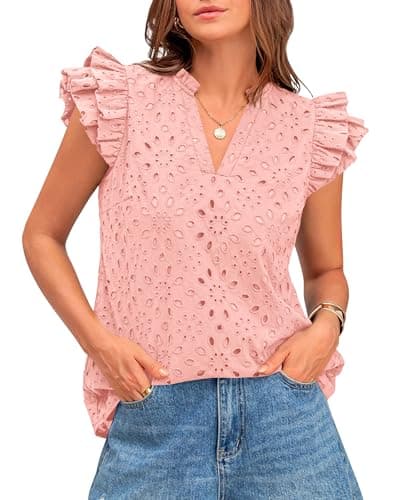 BTFBM Spring Summer Tops for Women 2026 Dressy Casual V Neck Ruffle Cap Sleeve Embroidered Eyelet Blouses Resort Wear(Pink, Large) - Image 1
