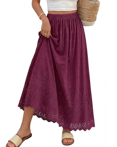 dowerme Women Summer Maxi Skirt Cute Elastic High Waist Boho Eyelet A-Line Cotton Flwoy Long Skirts Spring Clothes 2026(Burgundy,Medium) - Image 1