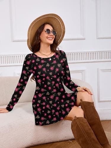 DEARCASE Women's Long Sleeve T Shirt Dress Floral Black Pink Rose Flower Large Crewneck Knee Length Loose Casual Flowy Swing Tunic Dresses with Pockets - Thumbnail 5