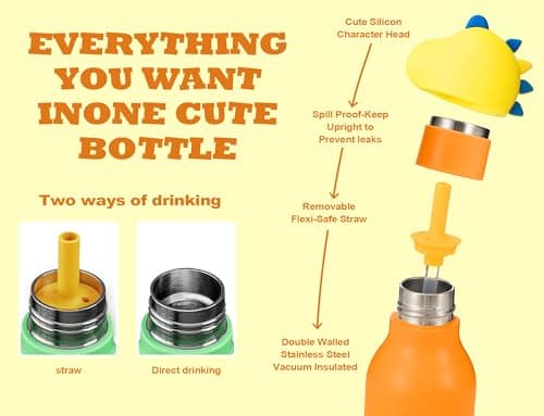 DLOCCOLD Insulated Stainless Steel Water Bottle with Detachable Soft Dinosaur Animal Head Fun Drinking 16 Ounce with Flexible Reusable Straw - Thumbnail 3