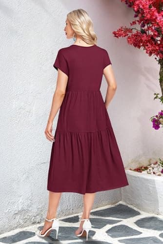 WNEEDU Summer Dresses for Women 2026 Sundress Spring Casual Dresses Beach Vacation Clothes Wedding Guest Dress Casual Sundresses Swing Tiered Slimming,Wine Red,L - Thumbnail 4