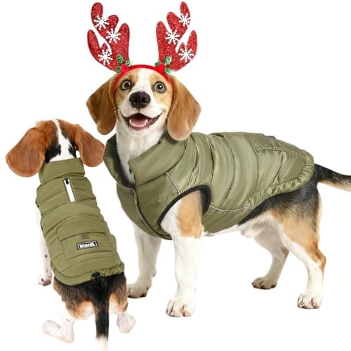 Dog Winter Puffer Jacket Waterproof, Reflective Furry Fleece Lined Dog Coats for Small Medium Dogs, Warm Snow Coat, Insulated Cold Weather Dogs Vest Jackets with Leash Hole, Olive