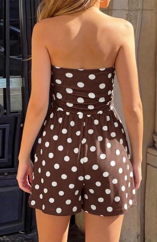 BTFBM Romper For Women 2026 Spring Strapless Printed Tube Boho Wide Leg Beach Short Jumpsuit Summer Date Night Rompers(Polka Dots Brown, XX-Large) - Thumbnail 3