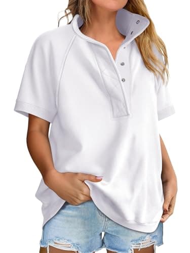 ANRABESS Womens Short Sleeve Tops Oversized Lightweight Sweatshirt Polo Shirts 2026 Summer Casual Button Pullover Top Outfits White Large - Image 1