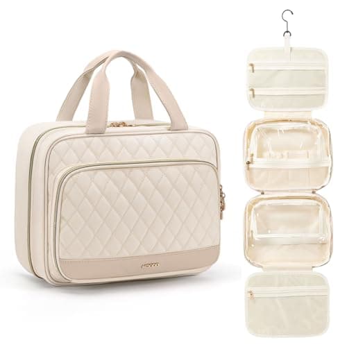MDODO Travel Toiletry Makeup Bag for Women Hanging Toiletry Bag Cosmetic Organizer Make up Bags for Women Travel Makeup Essentials, Beige - Image 1