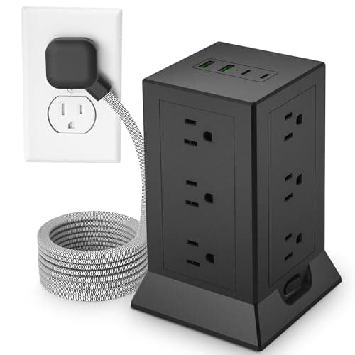 Power Strip Tower with Multiple Outlets 16.5 Ft Extension Cord Flat Plug with 12 AC Outlets 4 USB Ports (2 USB C), Power Tower Surge Protector with Individual Switches for Home Office Dorm Room, Black - Image 1