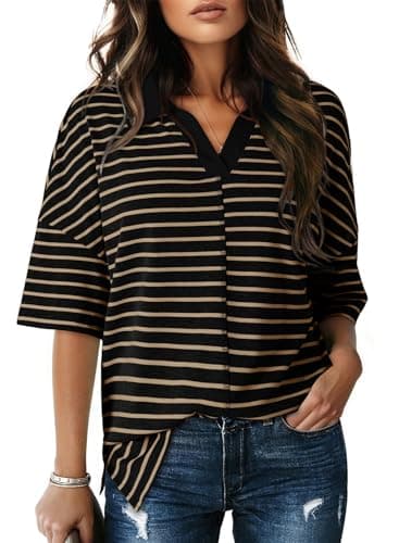 Dokotoo Summer Short Sleeve Shirts for Women 2026 Summer T Shirts for Women Dressy Casual Black Striped Trendy Polo Shirts Cute Crop Tops Womens Blouses Color Block Womens Clothes Clothing XL - Image 1