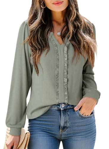 Dokotoo Womens Business Casual Tops Long Sleeve V Neck Work Blouses Plain Solid Color Shirts Green Tops S - Image 1