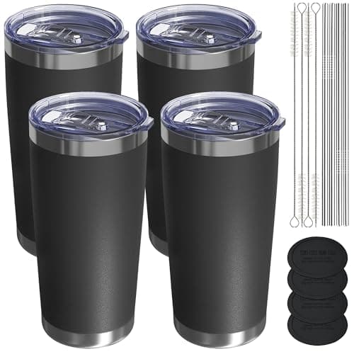 UIRZOTN Travel Coffee Tumbler 20oz, 4 Pack Leakproof Travel Coffee Mug with Lid and Straw, Stainless Steel Double Wall Vacuum Insulated Tumbler for Hot/Iced Drinks (Black, Textured Matte) - Image 1
