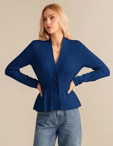 Plus Size Cardigan for Women Fall Cropped Cardigan Lightweight Long Sleeve Knit Button Down Coatigan Royal Blue - Thumbnail 6