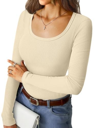 GKBK Ribbed Long Sleeve Tops for Women Scoop Neck Slim Fitted Tight Basic T-Shirts Cute Layering Lightweight Fall Sweaters 2025 Fashion Outfits Beige - Image 1