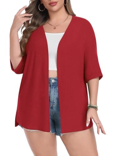 Lastshe Womens Plus Size Cardigan Short Sleeve Lightweight Loose Open Front Sweaters Cardigan Wrap,Red,1X - Image 1