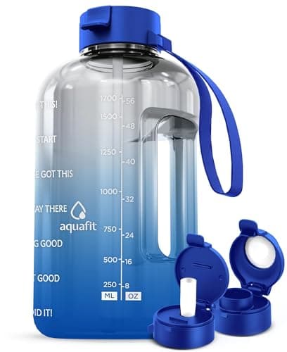 AQUAFIT Half Gallon Water Bottle with Time Marker - Straw & Chug Lid - BPA Free Gym Water Bottle with Straw - Big Gallon Jug (Blue Skies, 64 oz - 2 Lids) - Image 1