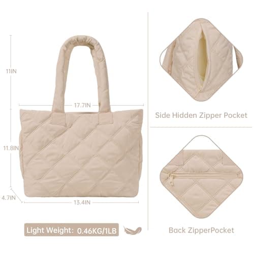soewten Puffer Tote Bag for Women, Quilted Bag with Zipper, Small Tote HandBags for Work, Travel, Greyish Brown - Thumbnail 5