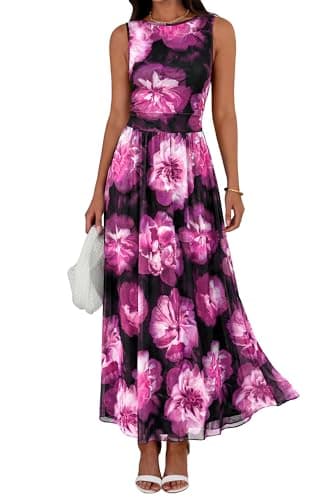 BTFBM Summer Dresses for Women 2026 Floral Maxi Dress Sleeveless Mesh Flowy Spring Wedding Guest Dress Long Sundresses(Black Flower, Large) - Image 1
