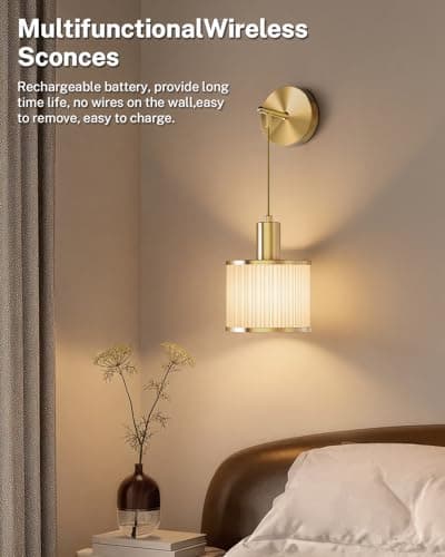 SAIMAND Battery Operated Wall Sconce Set of 2, Wireless Rechargeable Wall Lights with Remote Control, 9 Colors Dimmable LED Lamps, Modern Cordless Sconces for Bedroom Living Room Hallway(Gold) - Thumbnail 2