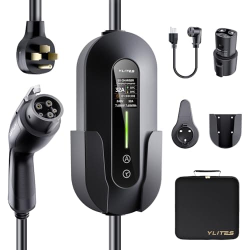 YLITES 32A Level 2 Portable EV Charger, 7.68kW 240V Fast Charging, 25ft Cable, Level 1 & 2 Support, Adjustable Current & Timer, NEMA 14-50 + 5-15 Adapter, J1772 to Tesla Adapter Included - Image 1