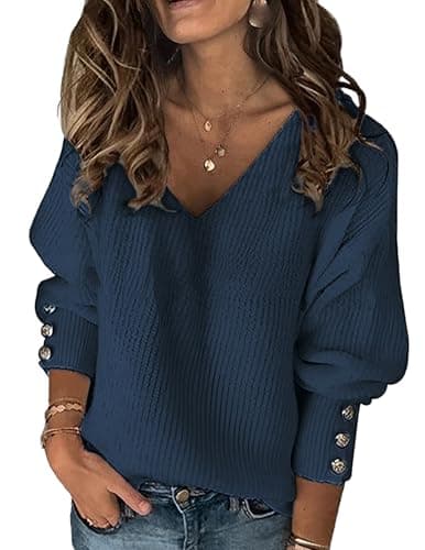 Libsorge Womens Oversized V Neck Button Sweater Spring 2026 Ladies Dressy Casual Tops Ribbed Knit Long Sleeve Pullover Sweaters Haze Blue S - Image 1