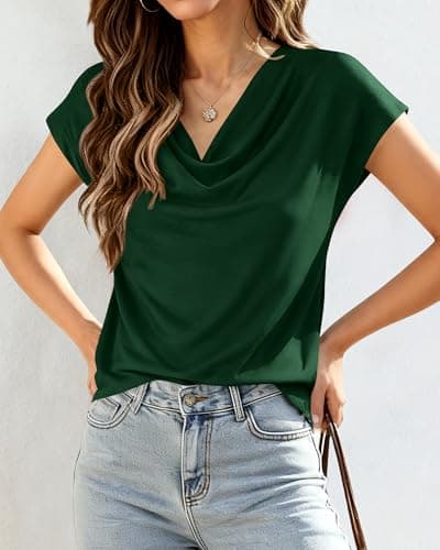 BTFBM Cowl Neck Tops for Women 2026 Spring Womens Tops Dressy Casual Business Blouses Short Sleeve Shirts Summer Outfits(Green, XX-Large) - Thumbnail 3