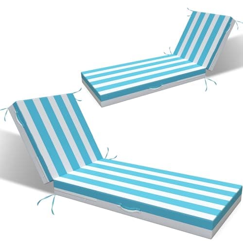 L'AGRATY Outdoor Lounge Chaise Cushion: 72x21x3 Inch Waterproof Lounge Chair Cushion for Outdoor Furniture with Fade Resistant Removable Cover - Patio Cushions for Pool Lawn Deck(Blue White 2Pcs)