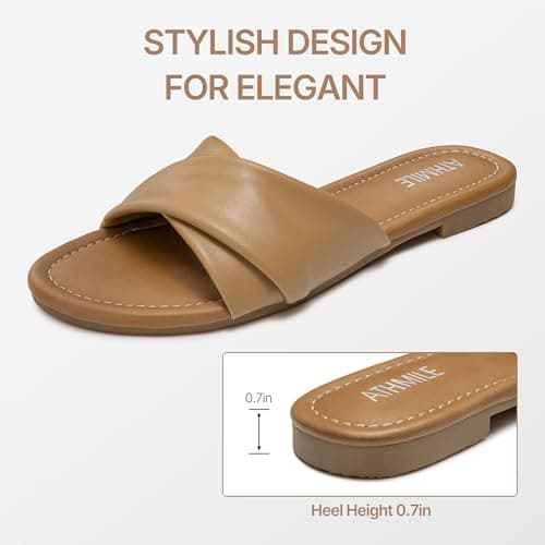 ATHMILE Sandals Women Dressy Summer Flat Comfortable Fashion Beach Cute Ladies Slides Leather Casual Dress Women's Sandals 2024 Nude Size 6 - Thumbnail 4