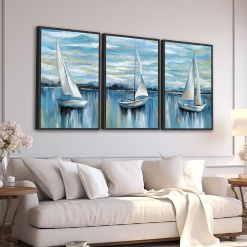 Large Framed Sailboat Wall Art - Tranquil Beach Wall Decor 16"x24" Set of 3 Blue Coastal Wall Art Prints Nautical Ocean Painting Modern Cloudy Lake Canvas Pictures for Living Room Bedroom Office - Image 1