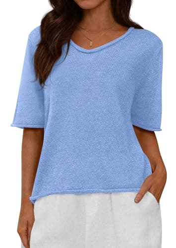 BTFBM Sweaters for Women 2026 Summer Oversized Half Short Sleeve Knitted Pullover V Neck‌ Casual Loose Fit Spring Tops(Blue, X-Large) - Image 1