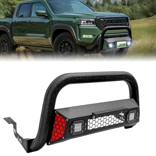 Partree Bull Bar Fit for Nissan Frontier 2022 2023 2024 2025 with LED Light & w/License Plate Bracket DIY Paintable Front Bumper Brush Push Bar Grille Guard Protector