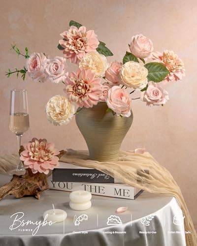 BSMYBO Artificial Pink Flowers Fake Roses Peony Dahlia Combo Box Set Gradient Blush Pink Flowers Leaf with Stems for DIY Wedding Bouquets Table Centerpieces Baby Shower Bridal Party Home Decorations - Thumbnail 5