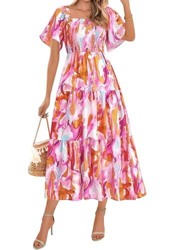 BTFBM Women's Clothing Wedding Guest Dresses Casual Boho Floral Short Sleeve Smocked Maxi Beach Spring Summer Dress 2026(Floral Brown Purple, Small) - Image 1