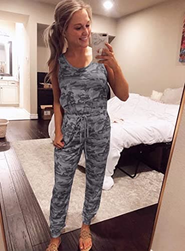 KIRUNDO Women 2026 Summer Jumpsuits Casual Sleeveless Drawstring Elastic Waist Romper Vacation Cruise Airport Travel Outfits(Camouflage Grey, Small) - Thumbnail 2